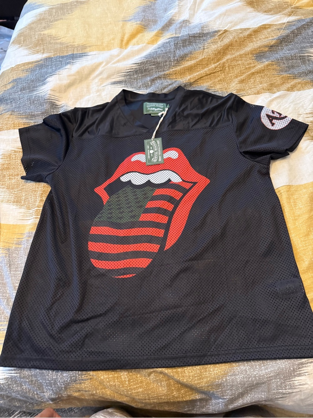 Denim Tears Rillong Stones Black Mesh Graphic Tee with Red Tongue Size L